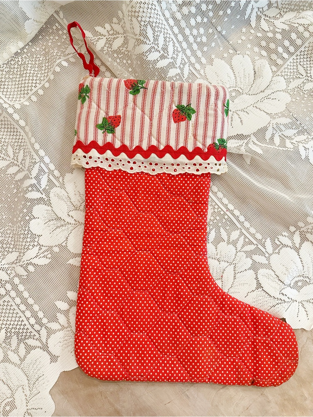 Vintage Strawberry Quilted Handmade Holiday Stocking